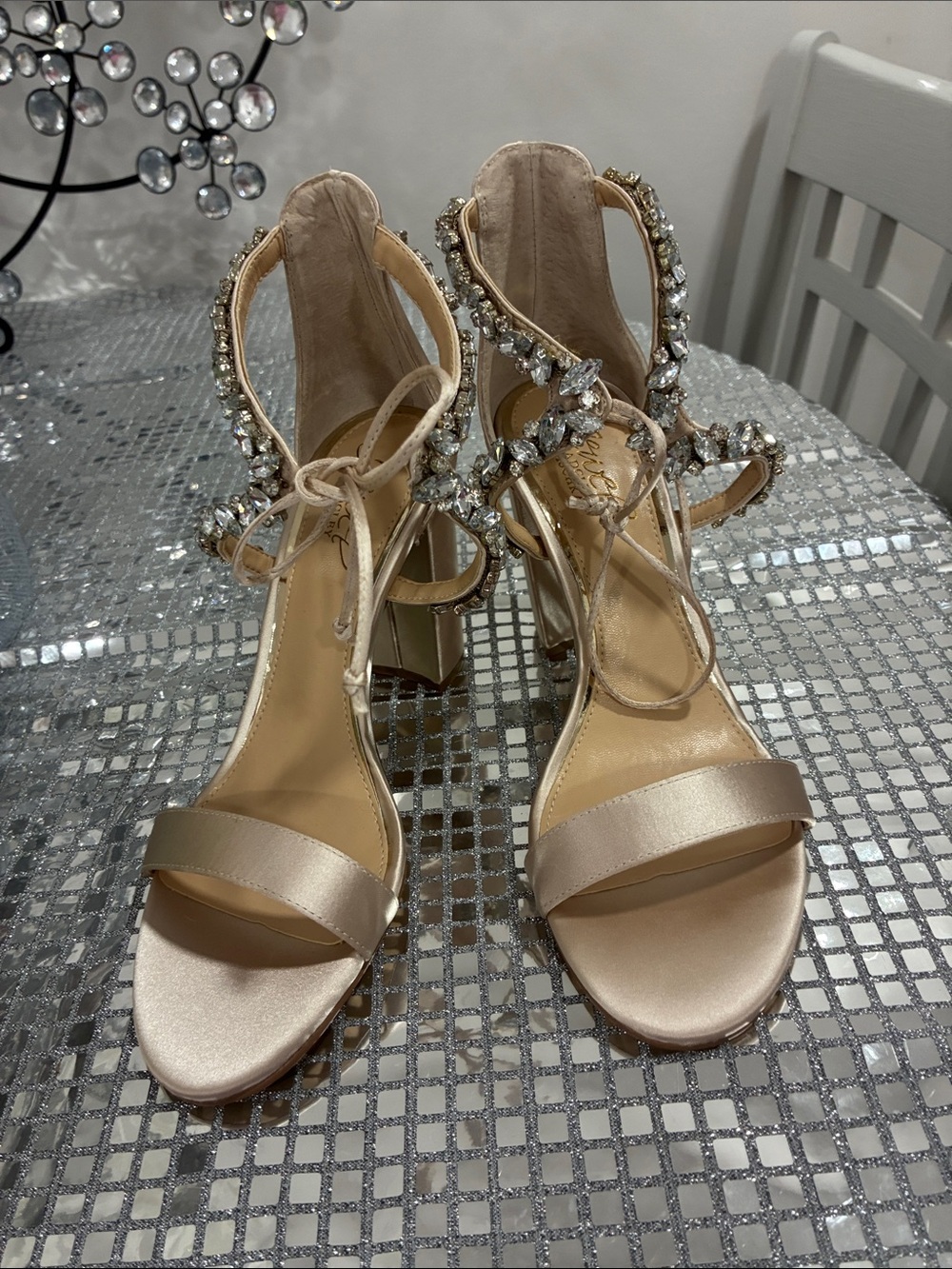 Jewel Badgley Mischka Champagne Satin Crystal-Ankle Lace Heels